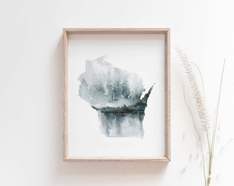 Wisconsin Wall Art, Watercolor State Print, Wall Art for Cabin, Nature Lover Gift, Wisconsin Gifts, Calming Office Art, Outdoorsy Gift