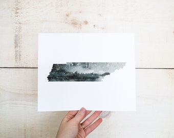 May include: A watercolor painting of the state of Tennessee, with a dark blue and gray color scheme. The painting is on a white background.