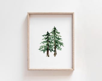 Watercolor Pine Tree Art Print: Evergreen Winter Wall Decor