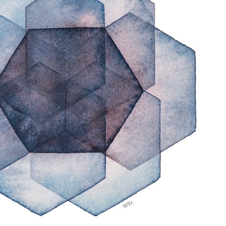 May include: Abstract watercolor painting featuring overlapping geometric shapes in shades of blue and gray. The shapes are arranged in a circular pattern, creating a sense of depth and dimension. The painting is signed "SP21."