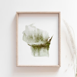Wisconsin Wall Art, Watercolor State Print, Wall Art for Cabin, Nature Lover Gift, Wisconsin Gifts, Wisconsin Art Prints, Outdoorsy Gift