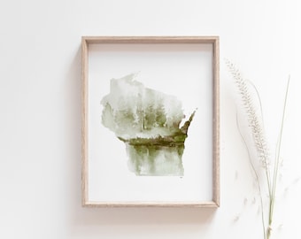 Wisconsin Wall Art, Watercolor State Print, Wall Art for Cabin, Nature Lover Gift, Wisconsin Gifts, Wisconsin Art Prints, Outdoorsy Gift