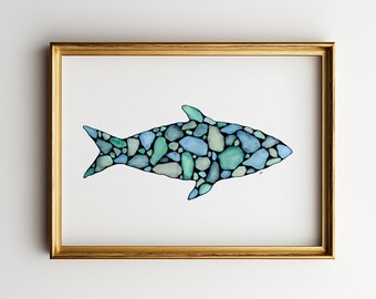 Beach Stone Fish Watercolor Print, Lake Superior Rock Art, Sea Glass Fish Wall Art, Lake House Decor