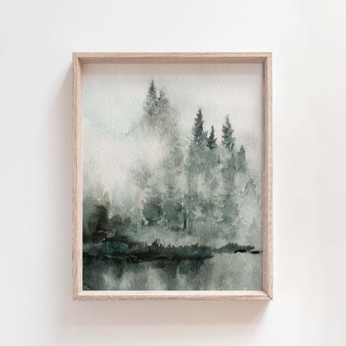 Pine Forest Watercolor Misty Forest Art Print Pine Tree - Etsy