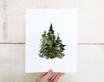 May include: Watercolor painting of three green pine trees on a white background.