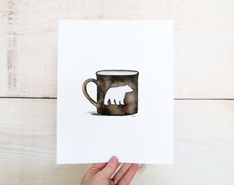 Coffee Art, Watercolor Coffee Mug, Coffee Lover Gift, Camping Art Print, Coffee Lover Wall Art, Camping Art Print, Outdoorsy Gift