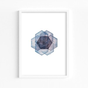 May include: Abstract watercolor painting of a geometric shape in shades of blue and purple. The shape is made up of overlapping hexagons.