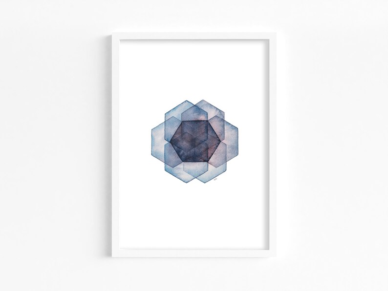 May include: Abstract watercolor painting of a geometric shape in shades of blue and purple. The shape is made up of overlapping hexagons.