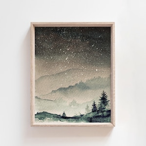 Arte del pino de la acuarela, arte del árbol brumoso, arte de la pared de la acuarela neutra, impresión de la pared del pino, impresión del cielo nocturno, decoración de la pared de invierno