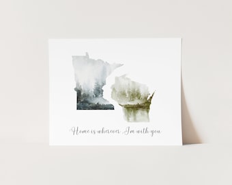 Minnesota Wall Art, Wisconsin Art Print, Printable State Art, Watercolor State Print, Minnesota Gifts, Wisconsin Gifts, Distance Gifts