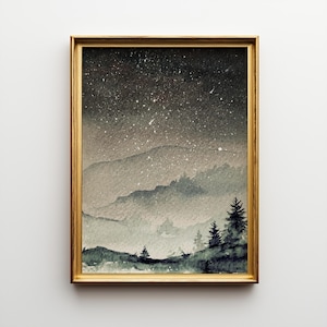 Watercolor Pine Tree Night Sky Print: Nature Landscape Wall Art