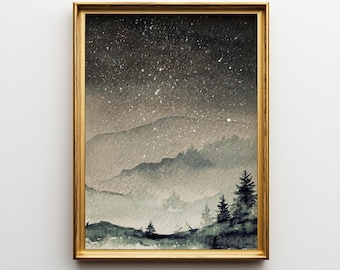 Watercolor Pine Tree Night Sky Print: Nature Landscape Wall Art