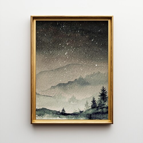 Watercolor Pine Tree Night Sky Print: Nature Landscape Wall Art