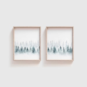 Pine Tree Wall Art Set, Watercolor Tree Art, Pine Tree Decor, Pine Tree Painting, Watercolor Decor, Forest Wall Art Set, Misty Forest