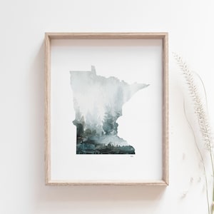 Minnesota Wall Art, Watercolor State Print, Wall Art for Cabin, Nature Lover Gift, Minnesota Gifts, Calming Office Art, Outdoorsy Gift