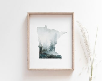 Minnesota Wall Art, Watercolor State Print, Wall Art for Cabin, Nature Lover Gift, Minnesota Gifts, Calming Office Art, Outdoorsy Gift