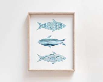 Blue Fish Watercolor Art Print: Coastal Wall Decor