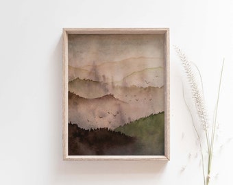 Watercolor Forest Painting Art Print, Neutral Landscape Wall Decor, Pine Tree and Mountain Scene, Scandinavian Gift, Giclee Fine Art Print