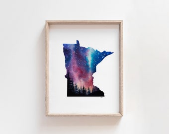 Minnesota Wall Art, Watercolor State Print, Northern Lights Art, Minnesota Art Print, Minnesota Gifts, Outdoorsy Gift, Going Away Gift