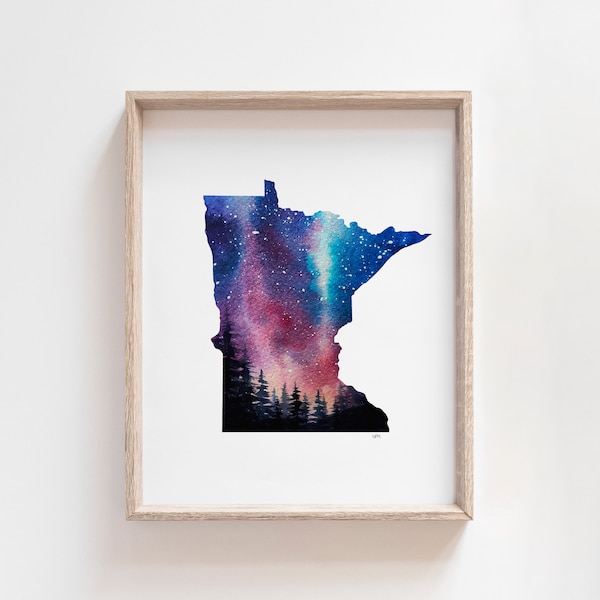 Minnesota Wall Art, Watercolor State Print, Northern Lights Art, Minnesota Art Print, Minnesota Gifts, Outdoorsy Gift, Going Away Gift