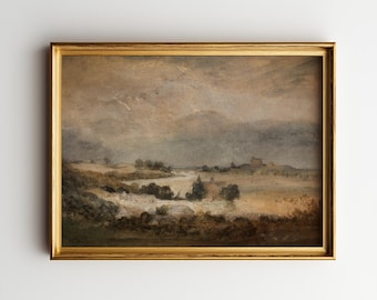 May include: A framed landscape painting with a gold-colored frame. The artwork depicts a rural scene with fields, trees, and a body of water under a cloudy sky. The color palette is muted, with earthy tones dominating the composition.