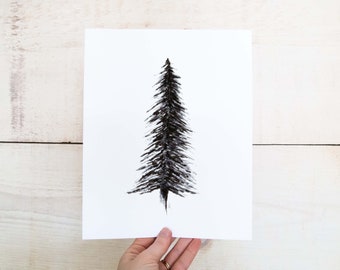 Watercolor Pine Tree Art: Black and White Winter Print (Digital Download)