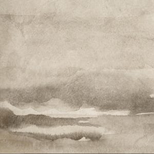 May include: Abstract watercolor painting in shades of beige and brown. The artwork features layered washes of color, creating a textured and atmospheric effect. The composition evokes a sense of landscape or seascape with soft, blurred forms.