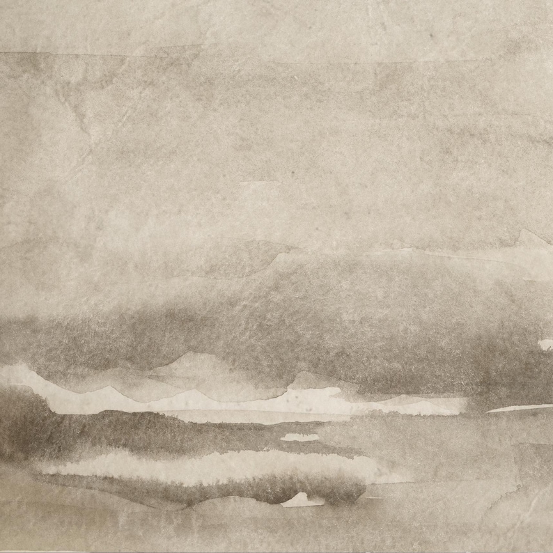 May include: Abstract watercolor painting in shades of beige and brown. The artwork features layered washes of color, creating a textured and atmospheric effect. The composition evokes a sense of landscape or seascape with soft, blurred forms.
