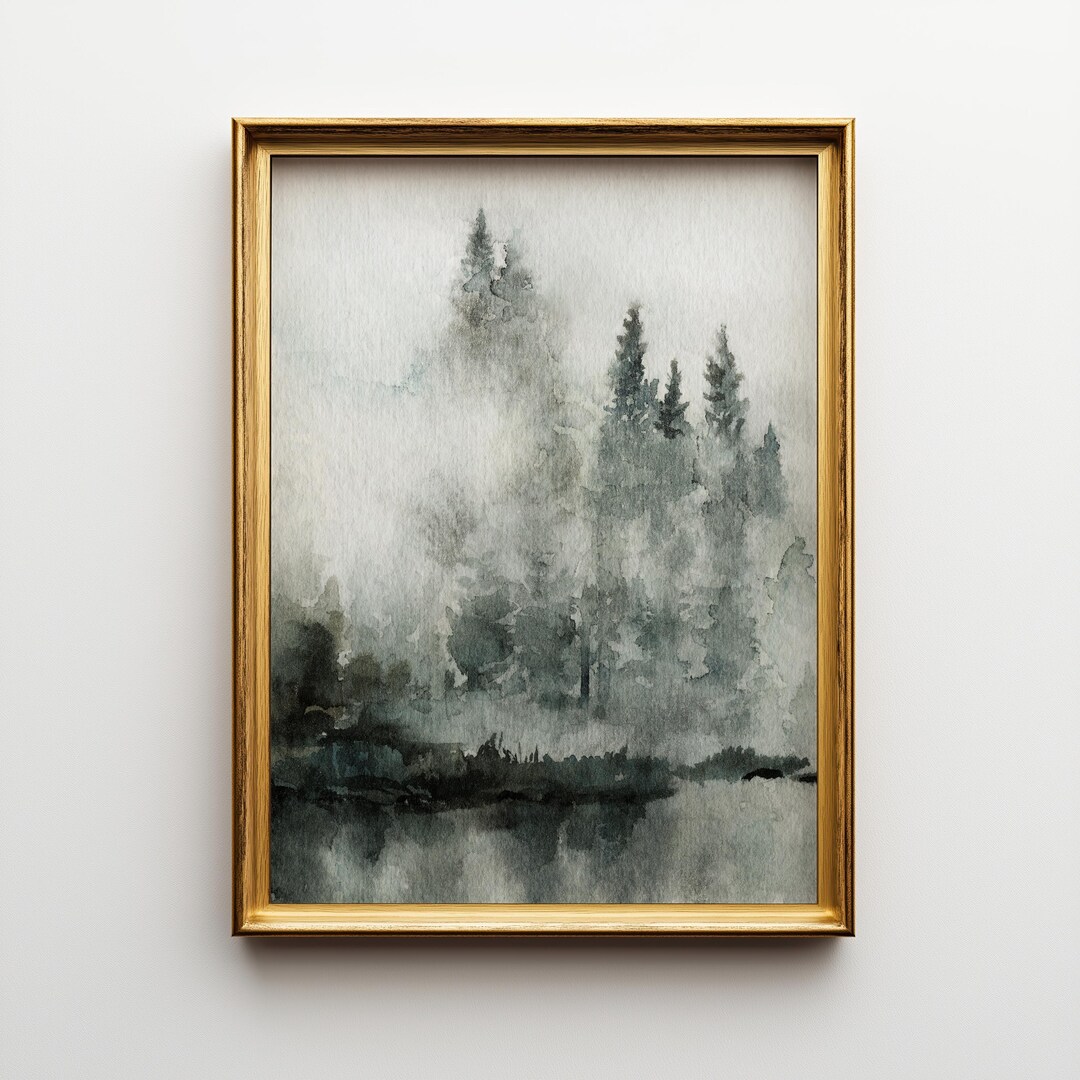 Misty Pine Forest Watercolor Art Print: Landscape Painting (digital ...