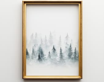 Watercolor Pine Tree Art Print: Misty Forest Wall Decor (Digital Download)