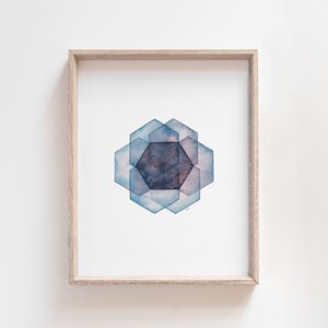 May include: A framed watercolor painting of a geometric design in shades of blue and purple. The design is made up of overlapping hexagons.
