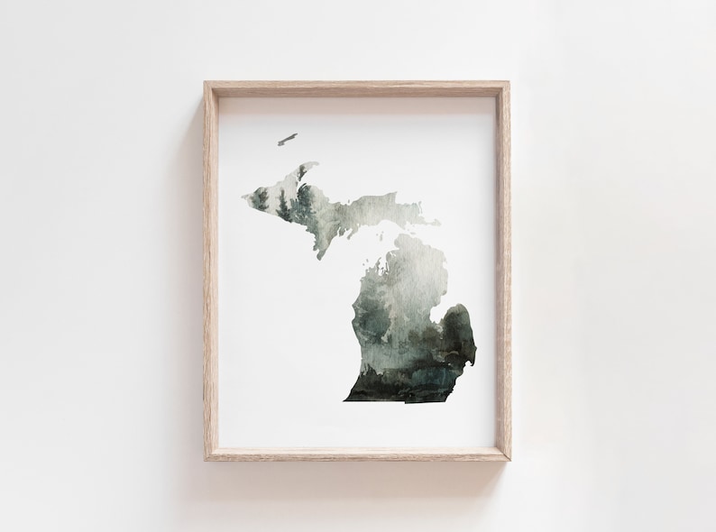 Michigan Wall Art, Watercolor State Print, Wall Art for Cabin, Nature Lover Gift, Michigan Gifts, Calming Office Art, Outdoorsy Gift