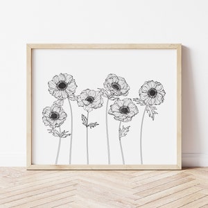 Schwarze und weiße Anemonen, druckbare Wandkunst, digitale Wandkunst, Dekoration für Zuhause, Wandbehang, Anemone, botanischer Druck, Blumenkunst, Wildblumen