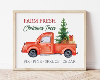 Farm Fresh Christmas Trees, Printable Wall Art, Digital Wall Art, Christmas Print, Rustic Christmas, Farmhouse Christmas, Red Pickup Truck