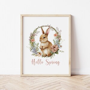 Hello Spring, Bunny Wreath, Printable Wall Art, Digital Wall Art, Spring Home Decor, Easter Decor, Spring Art Print, Spring Mantle Decor