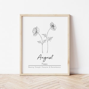 August Birth Month Flower, Poppy Flower, Printable Wall Art, Digital Wall Art, August Birthday, Botanical Art, Personalized Gift