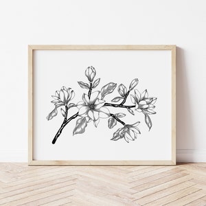 Schwarze und weiße Magnolie, druckbare Wandkunst, digitale Wandkunst, horizontal, Dekoration, Wandbehang, Magnolienkunst, botanisch, minimalistisch