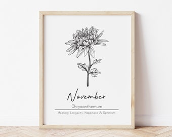 November Birth Month Flower, Chrysanthemum Flower, Printable Wall Art, Digital Wall Art, November Birthday, Botanical Art, Flower Meaning