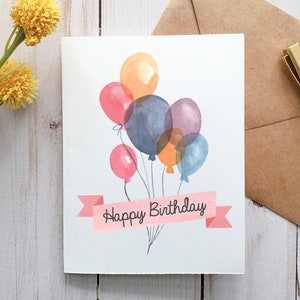 Cartão de feliz aniversário, cartão de aniversário em aquarela, cartão de aniversário com balão, cartão para impressão, cartão digital, cartão para ela, cartão de felicitações, cartão de festa