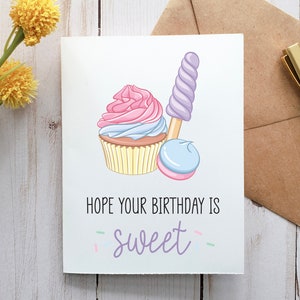 Hoffe, dein Geburtstag ist süß, druckbare Karte, digitale Karte, Grußkarte, Mädchen Geburtstagskarte, Cupcake Geburtstagskarte, rosa und lila, Candy