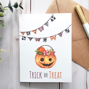 Trick or Treat-kaart, afdrukbare kaart, digitale kaart, wenskaart, Halloween-kaart, herfstkaart, herfstkaart, traktatiezak, Halloween-cadeau, pompoen
