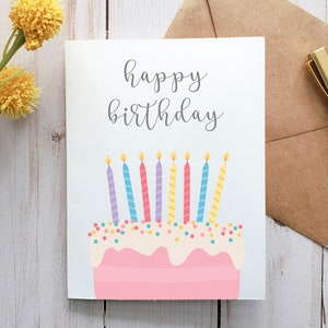 Gelukkige verjaardagskaart, verjaardagstaartkaart, afdrukbare kaart, digitale kaart, wenskaart, verjaardagskaart, meisjeverjaardagskaart, confetti, roze