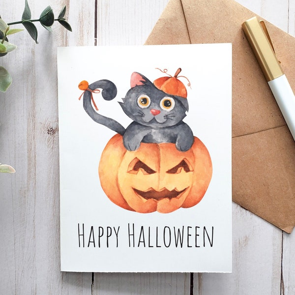 Happy Halloween Greeting Card, Printable Card, Digital Card, Black Cat And Pumpkin, Trick Or Treat, Halloween Gift, Print And Ship, Kid Card