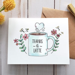 Tarjeta imprimible "Thanks A Latte", tarjeta digital, tarjeta de felicitación, tarjeta de agradecimiento, tarjeta de café, tarjeta de regalo, tarjeta de agradecimiento. Tarjeta para ella.