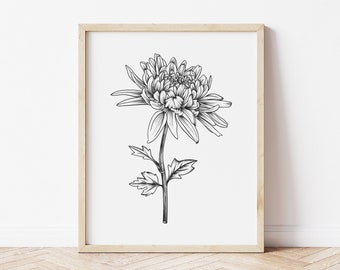 Black And White Chrysanthemum, Printable Wall Art, Digital Wall Art, Botanical Art, Minimalist, Print And Ship, Floral Print, Home Decor Art