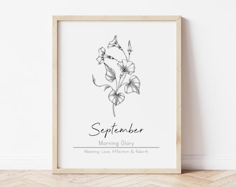 September Birth Month Flower, Morning Glory Flower, Printable Wall Art, Digital Wall Art, September Birthday, Botanical Art, Flower Meaning