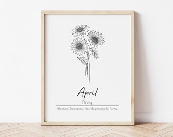 April Birth Month Flower, Daisy Flower, Printable Wall Art, Digital Wall Art, April Birthday, Botanical Art, Personalized Gift, April Daisy