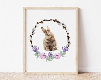 Couronne de lapin de printemps, Art mural imprimable, Art mural numérique, Décoration de printemps, Décoration intérieure de Pâques, Impression d’art printanière, Ferme printanière, Floral