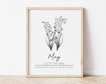 May Birth Month Flower, Lily Of The Valley Flower, Printable Wall Art, Digital Wall Art, May Birthday, Botanical Art, Personalized Gift