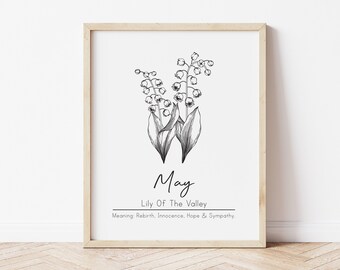 Flor del mes de nacimiento de mayo, flor de lirio del valle, arte de pared imprimible, arte de pared digital, cumpleaños de mayo, arte botánico, regalo personalizado